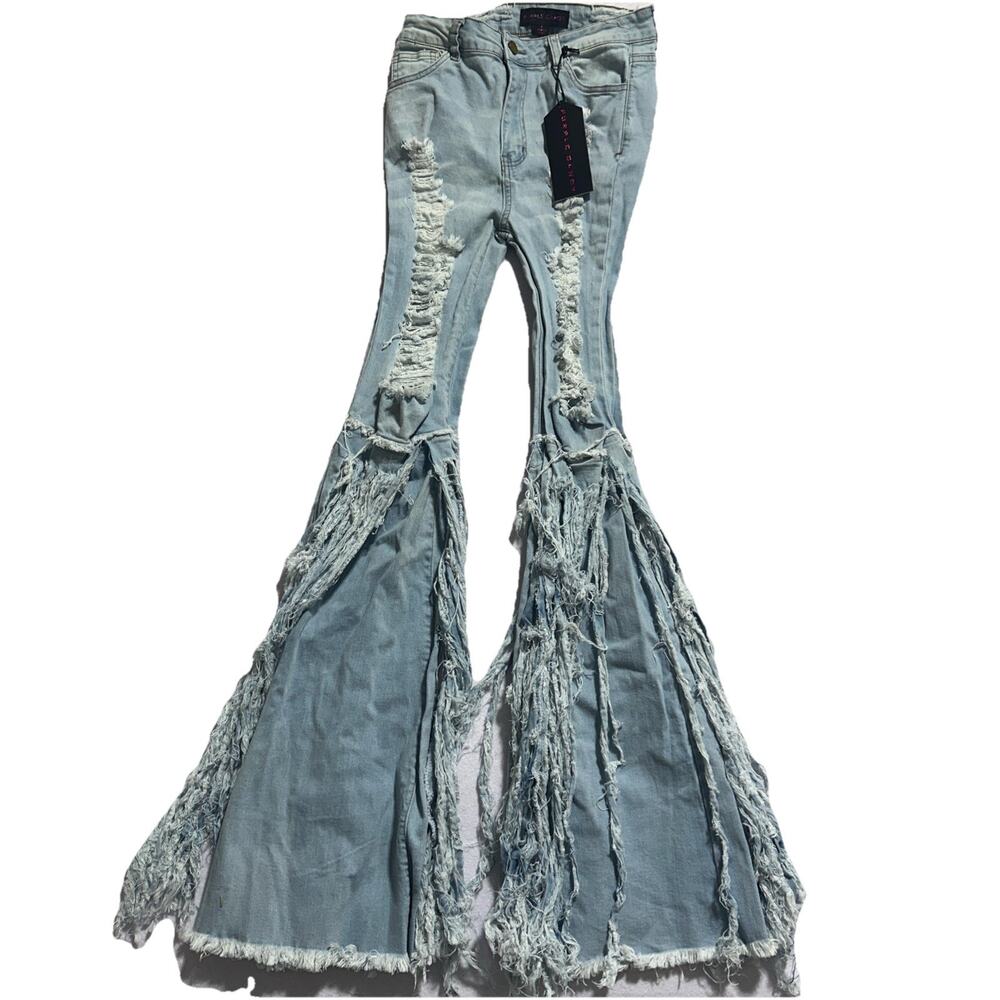 Purple Candy Bell Bottom Flare Jeans S Stretch Denim Distressed Tattered Raw Hem